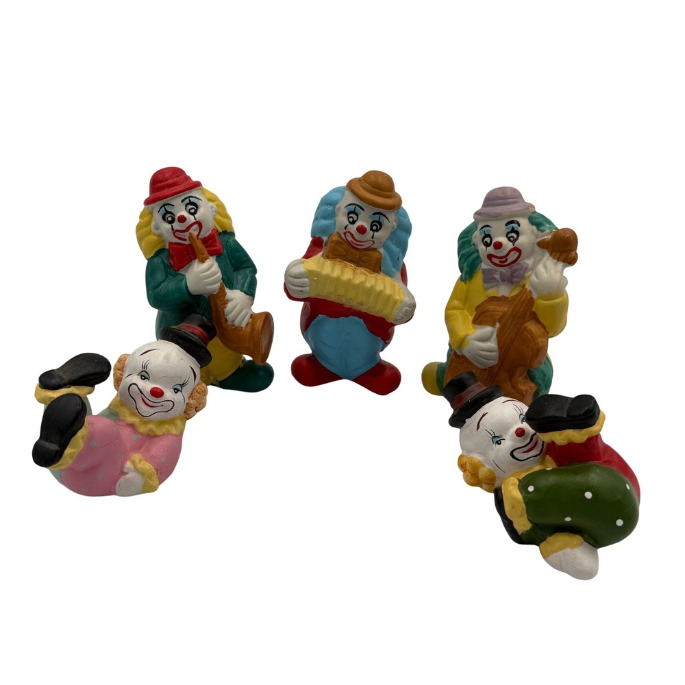 Vintage Unbranded Musical Clown Figurine Set Multicolor Kitsch 5pc